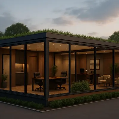 This stunning glass-walled modular office with a green roof is the future of workspace design. It’s an eco-friendly, inspiring environment that we can deliver and install in just 45 days.