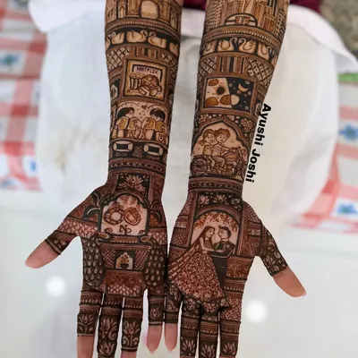 A complete view of a love story mehendi, capturing everything from movie nights to the skylines of the cities that shaped their relationship. Every element is a personal memory.