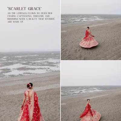 "Scarlet Grace." A stunning collage of a bride in her red lehenga against a vast, dramatic landscape, telling a story of timeless beauty.