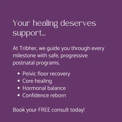 Your healing deserves support. This graphic outlines the key areas our postnatal programs focus on: pelvic floor recovery, core healing, hormonal balance, and rebuilding confidence.