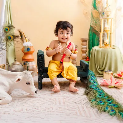 Our little Krishna smiles happily, sitting with his flute and a friendly calf in this detailed Janmashtami setup.