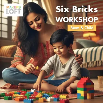 This image announces my 'Six Bricks' workshop, a special session for moms and children. In these workshops, I guide parents on how to use just a few blocks to teach concepts in math, memory, and language, strengthening the parent-child bond through shared learning.
