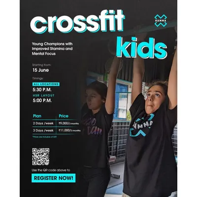 Here are all the details for our CrossFit Kids program. We offer flexible plans to fit your schedule, with batches designed to build stamina and mental focus. You can see the timings, pricing, and a QR code to register your child directly.