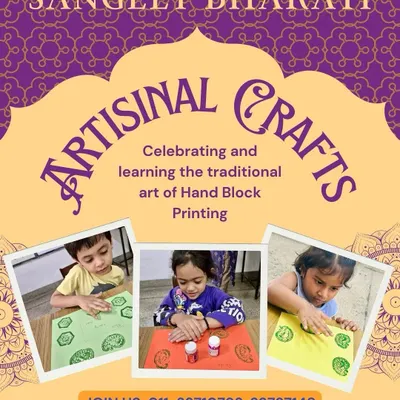 Our young artists explore heritage crafts like traditional Hand Block Printing. This activity not only enhances their creativity and fine motor skills but also connects them to India's rich artisanal traditions, as they press and stamp beautiful patterns.