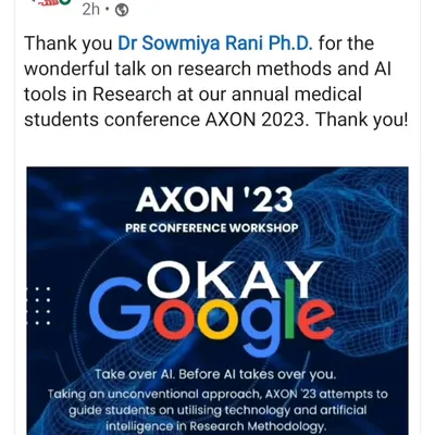 It was a pleasure to speak to young MBBS students at the AXON '23 conference about using AI tools in medical research. We discussed how technology can guide research methodology and help future doctors become proficient in medical writing.