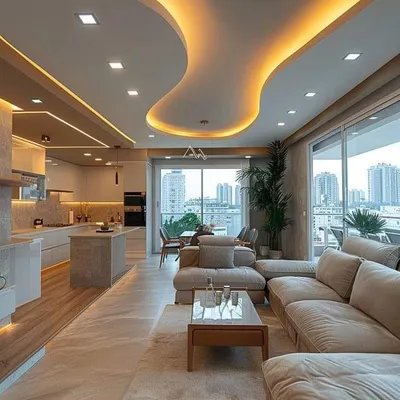 This open-concept living space combines the living room, dining area, and kitchen into one harmonious design. The neutral color palette, wood flooring, and extensive use of recessed lighting create a warm and expansive feel, with beautiful city views.