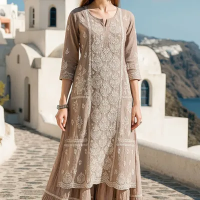 We believe in the timeless charm of Lucknowi embroidery. This long, layered dress features intricate, handcrafted Chikankari work all over. It's an elegant and graceful outfit that works wonderfully for family gatherings, pujas, or daytime events where you want a touch of classic Indian heritage.