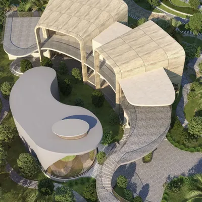 An aerial view of the Cipla Museum and Dining Facility, a project shortlisted for the World Architecture Festival. The design features organic, flowing forms that create a unique civic space, blending the building with the surrounding landscape.