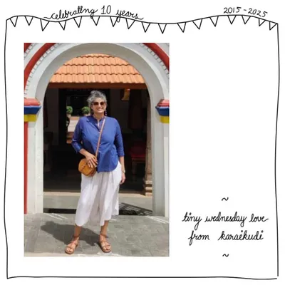 Our patron Shachi looking lovely in Karaikudi with her Tiny Wednesday Sling. This was in our Squash leather, a limited lot that is now sold out, making her bag truly one of a kind.