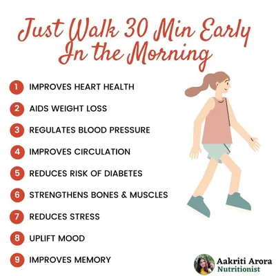 Never underestimate the power of a 30-minute morning walk. This simple habit can improve heart health, aid weight loss, regulate blood pressure, and reduce stress. It's one of the most accessible forms of exercise you can do.
