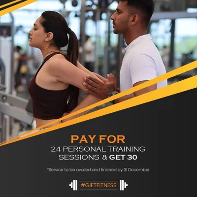 This festive season make the most of our offers and make fitness a way of life. Pay for 24 personal training sessions and get 30. This service is to be availed and finished by 31 December.