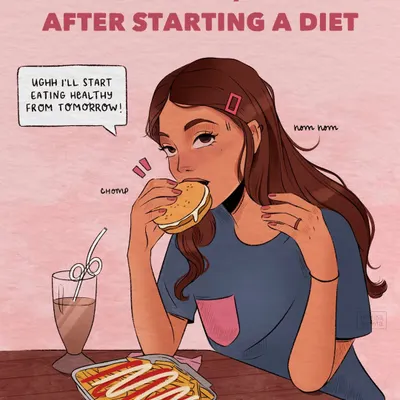 A relatable illustration for all the foodies out there. This piece captures that moment of giving in to cravings with a burger and fries, with the promise to start eating healthy 'tomorrow'.