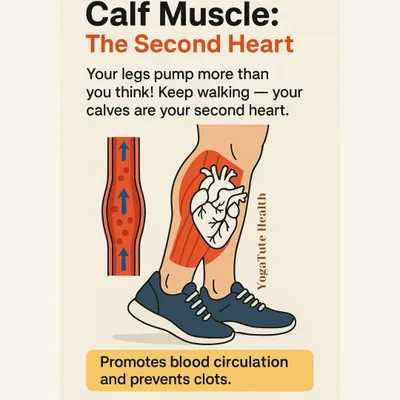 This diagram explains why the calf muscle is often called "The Second Heart." Activating the calves through walking and yoga promotes blood circulation and helps prevent clots, easing the workload on your heart.
