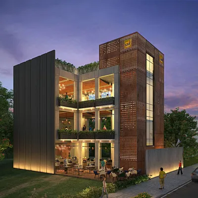 Our design for this commercial building in Koramangala features a distinctive facade using Corten steel and extensive glazing. The structure is designed for a food and beverage establishment, with multiple levels of indoor and outdoor seating to create a vibrant social hub.