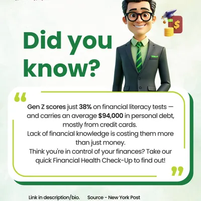 This "Did you know?" post highlights a concerning statistic about Gen Z's financial literacy and debt levels. We use this data to emphasize that a lack of financial knowledge costs more than just money and offer a free Financial Health Check-Up.