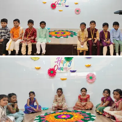 Our youngest students, dressed in beautiful traditional attire, celebrate Onam with a stunning Pookalam (flower rangoli) they helped create.