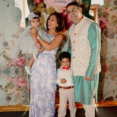 A beautiful family photo from Aarya's first birthday party. It was a joy to create a lovely floral backdrop for their special day and see them so happy.
