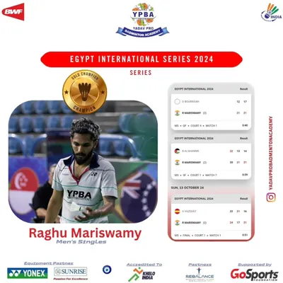 A golden moment for the academy. This poster celebrates Raghu Mariswamy's Men's Singles Gold Champion title at the Egypt International Series 2024, a testament to his hard work.