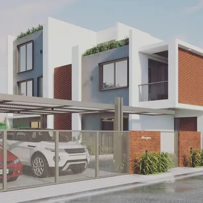 A 3D render of an upcoming contemporary residence in South Bangalore. The design plays with geometric volumes, combining clean white and grey surfaces with textured terracotta-colored panels and integrated planters for a balanced facade.