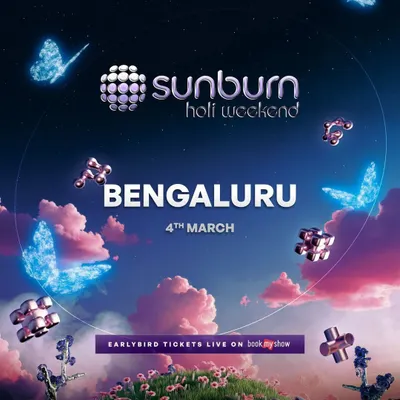 The official announcement for the Sunburn Holi Weekend in Bengaluru, a massive celebration of color and music.