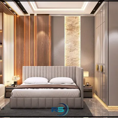 This 3D render shows a bedroom design focused on rich textures. We combined a vertically paneled upholstered headboard with contrasting wood and stone-textured wall panels to create a warm and inviting atmosphere.