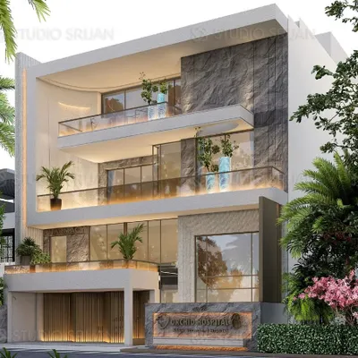 The 3D render for Orchid Hospital, a 400 sq. yard healthcare facility in Dwarka. The design aims to create a welcoming and non-intimidating environment, using natural stone, large windows, and integrated planters on the balconies.