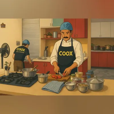 This beautiful illustration shows our chefs at work in a home kitchen, capturing the essence of our service: bringing professional cooking into the heart of your home.