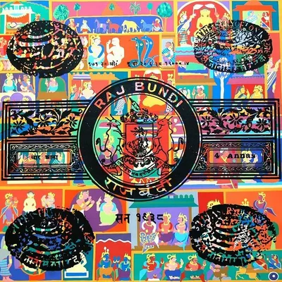 Malchand Pareek's work is a vibrant celebration of Indian graphic traditions. This painting beautifully combines motifs from old stamp papers and miniature paintings with a bold, modern color sensibility.