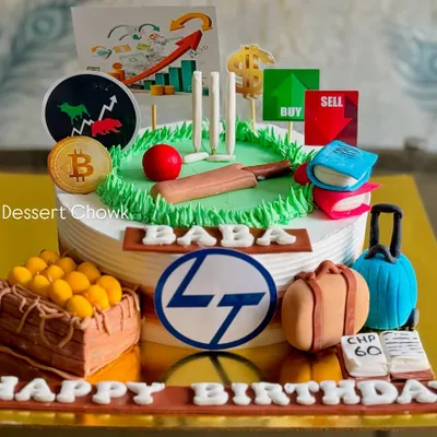 This cake was a special request, combining all of the birthday boy's favorite things: cricket, the stock market, travel, and even a crate of mangoes. I used a mix of fondant and edible prints to bring it all together.