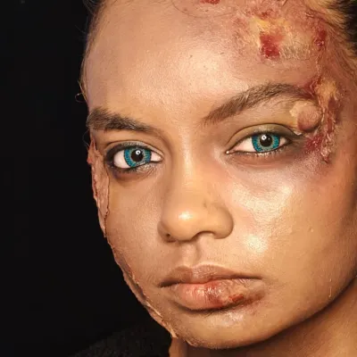A chillingly realistic SFX makeup look featuring simulated burn wounds and bruises. This level of detail is taught in our advanced SFX course for aspiring media makeup artists.
