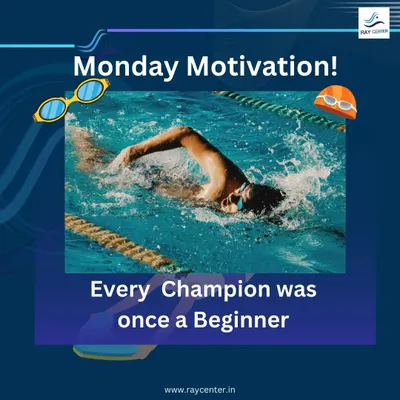 A motivational image of a swimmer in action, reminding everyone that every champion was once a beginner.
