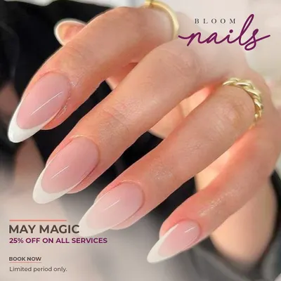 A perfect example of a classic French manicure on long, elegant almond-shaped extensions. The clean white tips and sheer pink base create a timeless and sophisticated look.