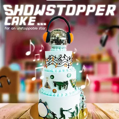 A showstopper cake for an unstoppable star. This multi-tiered music-themed cake features a disco ball, piano keys, and dancing silhouettes, celebrating a life full of energy and passion.