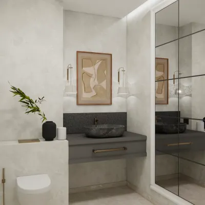 Instead of the usual mirror above the basin, we opted for a bold piece of art to bring character to the space. A large, grid-style mirror was strategically placed on the adjacent wall to open up the room and reflect light, creating the illusion of a much larger, airier bathroom.