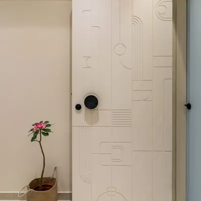 A close-up of our modern, minimalist door design. The grooved geometric pattern adds texture and a unique artistic touch, making the entrance a statement piece.