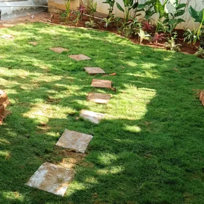 A simple and charming home garden path made with natural stone pavers set into a lush lawn. This design is both practical and beautiful.