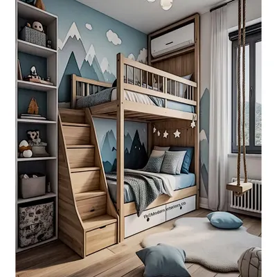 An adventurous mountain-themed kids' room. This bunk bed design includes a staircase with built-in drawers for storage and a fun swing on the side. The mural adds a wonderful sense of outdoor adventure.