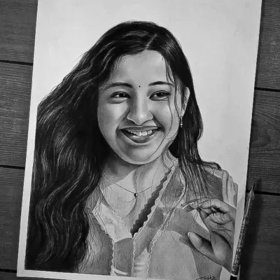 A finished portrait capturing a joyful smile. My goal is to make the drawing feel as warm and real as the memory in the photograph.