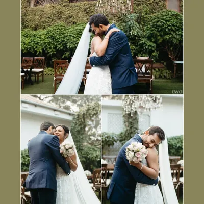 The magic of a first look. This collage is filled with the raw emotion of the bride and groom seeing each other for the first time, from the gentle hugs to the looks of pure awe.