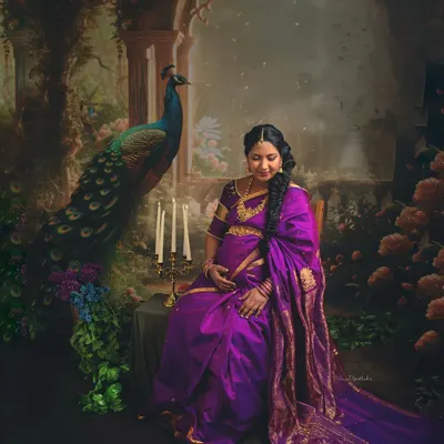A mother-to-be seated in a setting reminiscent of an 18th-century Indian court. The deep purple Kanjivaram saree, the peacock, and the candlelight create a portrait that feels both timeless and divine.