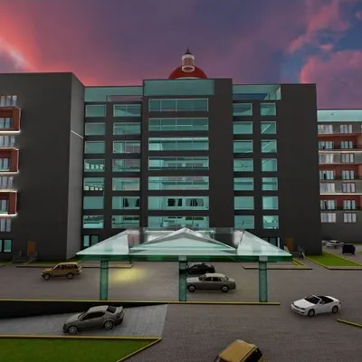 This is a 3D render of a five-star hotel I designed, showing the main entrance and porte-cochère. The design aims for a grand and welcoming arrival experience, with clear zoning for vehicle and pedestrian traffic.