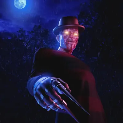 My interpretation of Freddy Krueger from 'A Nightmare on Elm Street'. I put him in a dark, rainy setting with glowing eyes and a sinister smile, emphasizing his dream-stalker persona with dramatic red and blue lighting.