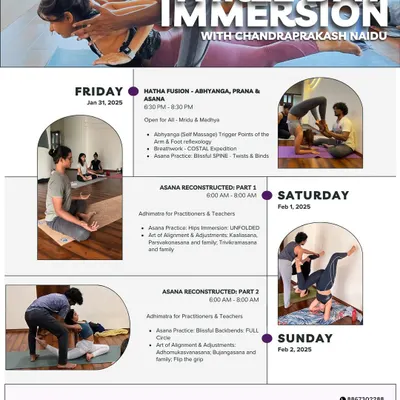 An overview of our three-day immersion with Chandraprakash Naidu (RCP). This schedule details a comprehensive journey through Hatha fusion, asana reconstruction, and the art of alignment and adjustments.