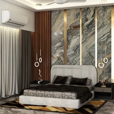 A full view of the master bedroom with the dramatic marble and gold accent wall. This angle shows the interplay between the wall, the wooden paneling, and the soft curtains, creating a balanced and luxurious design.