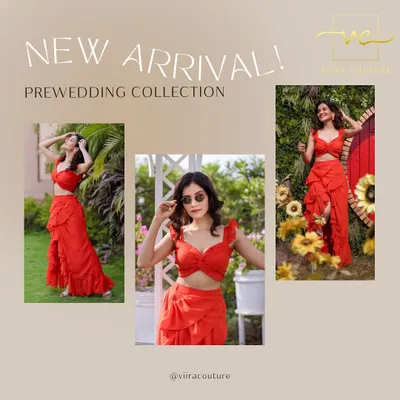 Announcing my new pre-wedding collection with this fiery red ruffled co-ord set. It's designed to make a statement in your photos.