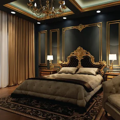 For this Victorian-themed master bedroom, we used a rich, dark palette with ornate gold-finished bed and wall moldings. The design is grand and opulent, complete with a vintage chandelier and a custom Jaipur carpet to create a truly royal retreat.