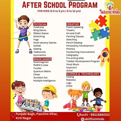 This flyer provides a comprehensive overview of my after-school programs. It details the four main categories of activities I offer: Physical, Brain Games, Creative, and Science & Technology.