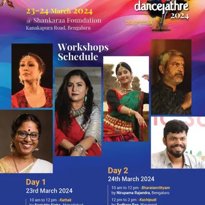 An announcement for our 'Bharathanrithyam' workshop at Dance Jatre, a session focused on integrating movements from the Natyashastra with Bharathanatyam, a concept developed by my Guru, Dr. Padmasubrahmanyam.