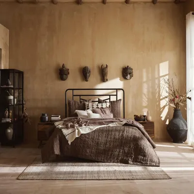 An earthy, wabi-sabi inspired bedroom scene. We used natural light and a palette of warm browns and textured linens to create a tranquil and grounded atmosphere, highlighting the rustic furniture and decor.