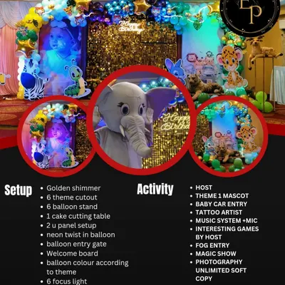 This is a sample of our comprehensive event package. It clearly lists all the 'Setup' elements like a golden shimmer backdrop and balloon decor, along with all the 'Activity' services including a host, mascot, tattoo artist, and magic show.